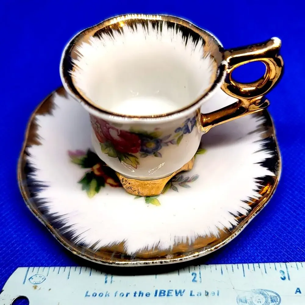 VNTG Japan Mini Porcelain Tea Cup Saucer Gold Trim Footed Base Vibrant Florals